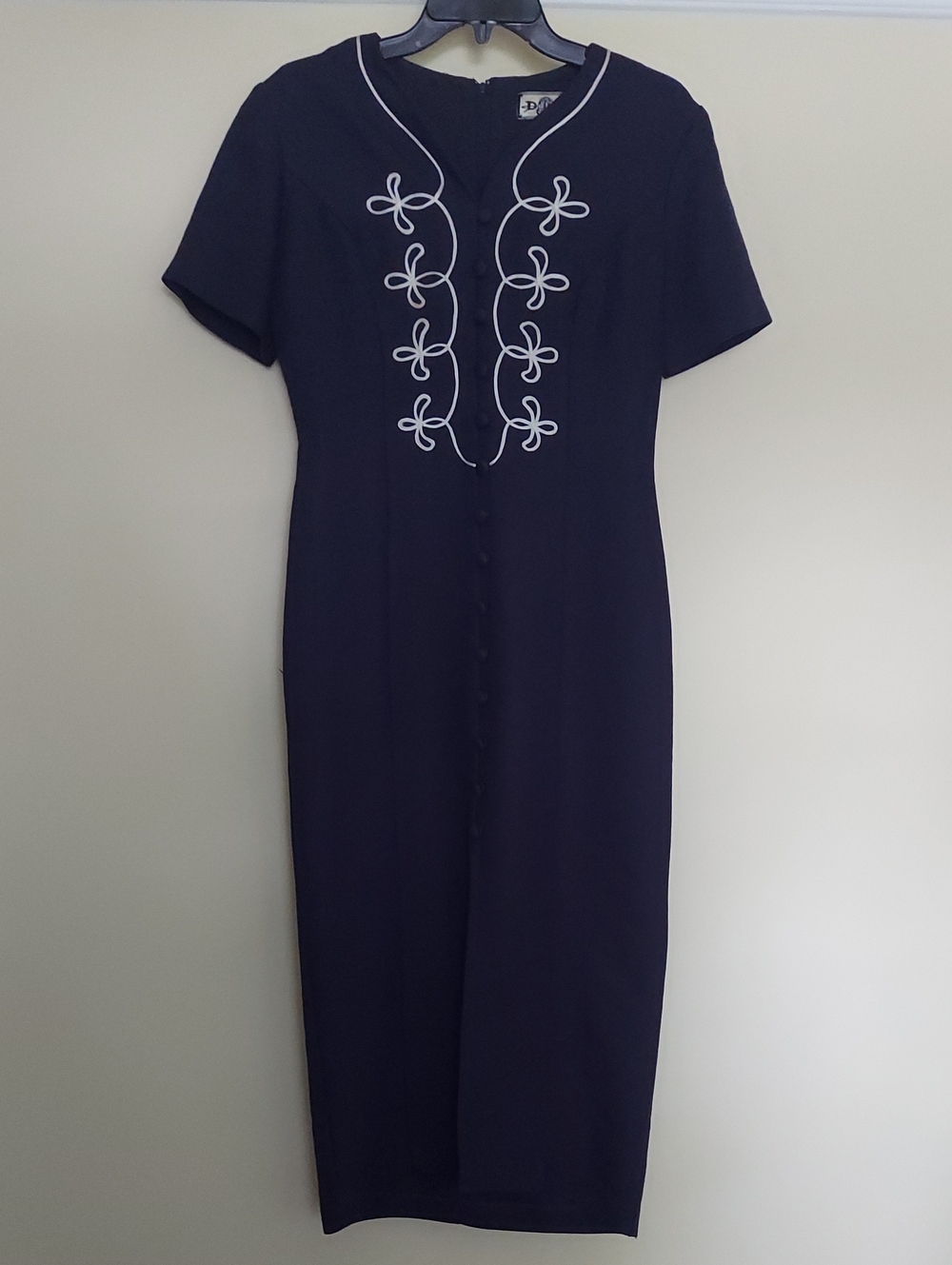 Vintage DJI (Dawn Joy) Navy Midi Dress with White Embroidery